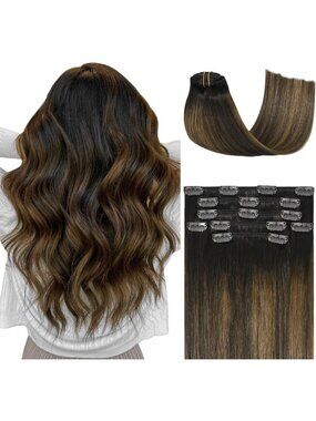 Silky Straight Clip-In Human Hair Extensions 15in Dark to Chestnut Brown 7pcs